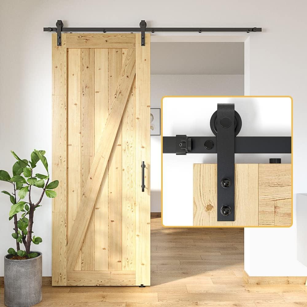 SKYSEN 6.6FT Barn Door Hardware Kit, Sliding Barn Door Hardware Kit, Barn Door Track - Smooth and Quiet- Easy to Install- Manual Included- Lite Version- Black (J-Lite-6.6ft)