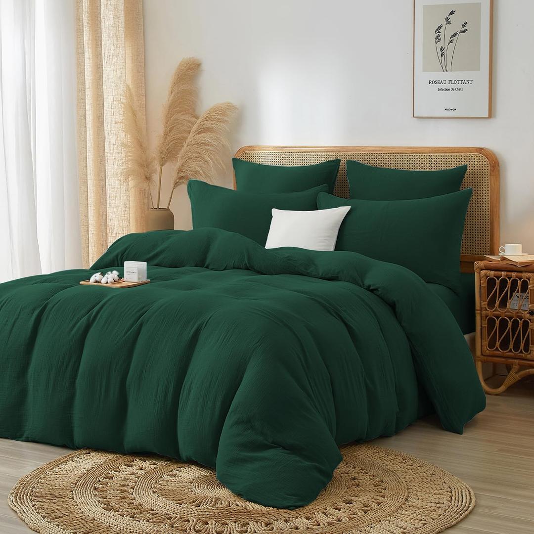 100% Muslin Cotton Dark Green Duvet Cover Set Twin Size, Ultra Soft Breathable Absorbent Gauze Bedding Duvet Cover, Minimalist Fluffy Natural Wrinkle Linen Textured Comforter Cover 68" x 90"