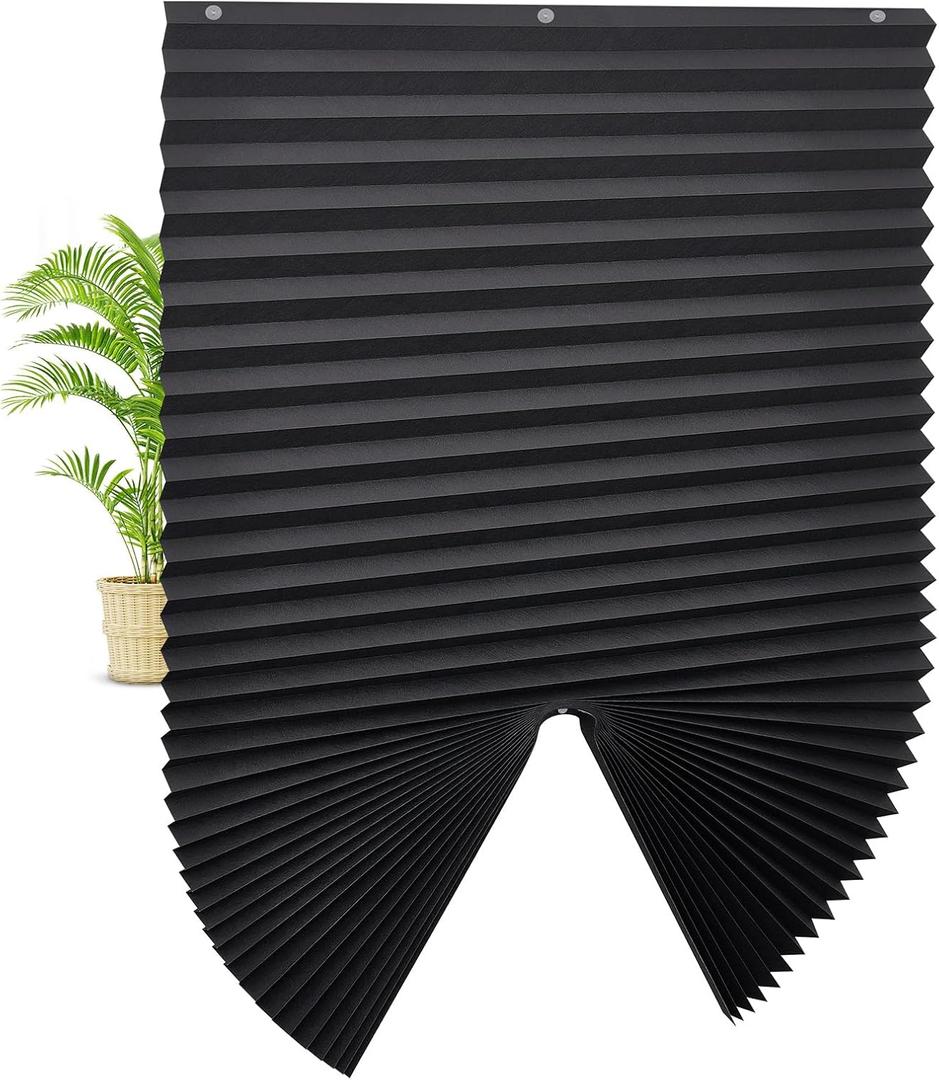 UrMoon 4 Packs Temporary Pleated Shades for Windows Thicken Paper Pleated Blinds with Suction Cup No Drill Free Cut Size Fabric Shades for Door and Home, 100% Blackout Black, 36" W x 70" H