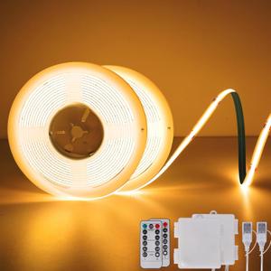 OMIKA COB LED Strip Lights, 2700K Warm White Battery Powered 640LED 6.56FT Strip Lights with Remote Timer Dimmable Flexible Cuttable Tape Lights for Cabinet Shelves Bedroom (2 Pack)