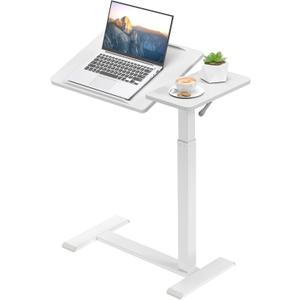 Height Adjustable Tilt Overbed Bedside Table with Hidden Wheels, Pneumatic Rolling Laptop Standing Desk, Portable Hospital Over Bed Sofa Chair Side Tables, White