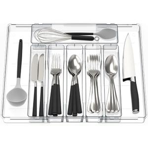 Kitsure Silverware Organizer - 8 Slots Expandable Drawer Organizer for Utensils & Cutlery, Multipurpose Kitchen Organizers and Storage Solution, Clear, 21.3" x 14.5" x 1.8"