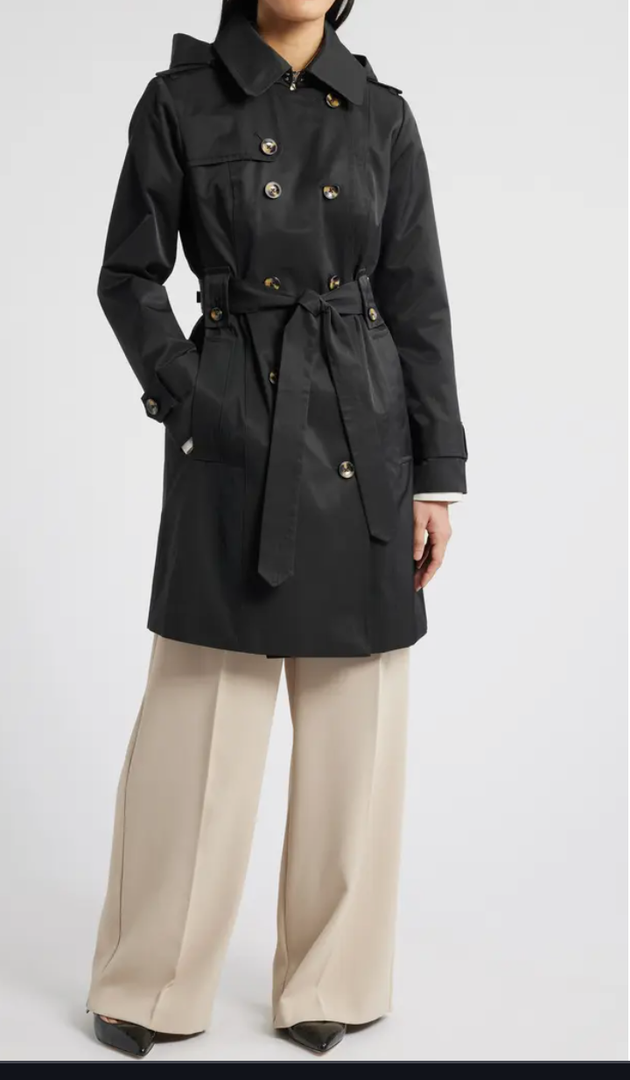 London Fog Missy Hooded Belted Trench Coat Black, Size Large