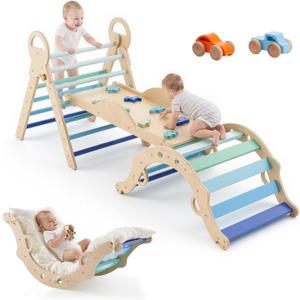 VEVOR Pikler Triangle Set, 9-in-1 Toddler Climbing Toys Indoor, with 2 Wooden Cars, Cushion, Triangle, Arch, and Ramp, 150 lbs Load, Foldable Montessori Climbing Set for Toddlers and Kids, Blue, 76.8 x 23.5 x 29.3 in