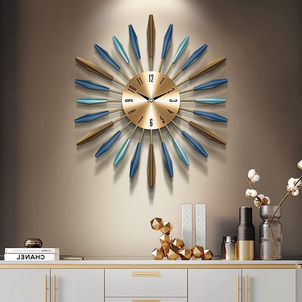 Large Wall Clock for Living Room Decor Mid Century Modern Silent Kitchen Big Wall Clock for Bedroom Decorative Metal Office Non Ticking Battery Operated Wall Watch 22 Inch (Gold-blue)