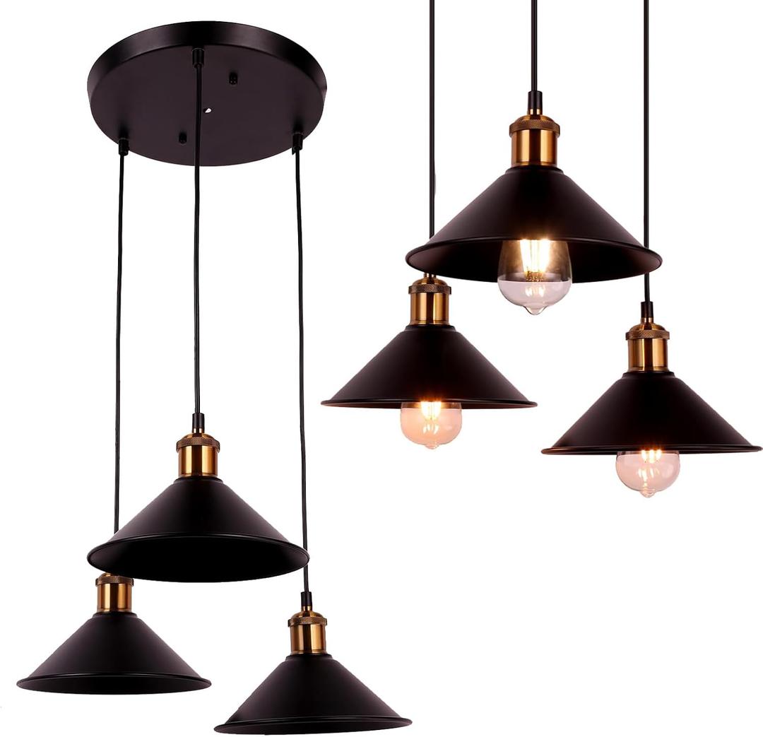 FIRVRE 3-Lights Industrial Pendant Light, Black Adjustable Metal Pendant Lights, E26 Base Socket, Ceiling Hanging Light Fixture for Home Kitchen,Dining Room,Caf,Bulb Not Included (Round) FIRVRE 3-Lights Industrial Pendant Light, Black Adjustable Metal Pendant Lights, E26 Base Socket, Ceiling Hanging Light Fixture for Home Kitchen,Dining Room,Caf,Bulb Not Included (Round)