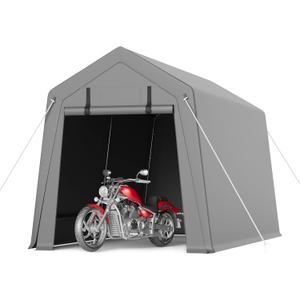 6X8 ft Heavy-Duty Portable Motorcycle Storage Shed with Roll-Up Door & Vent, 220g Waterproof PE Tarp & UV Protection, Motorcycle Shed for Motorcycles, Firewood, Garden Tools - Gray