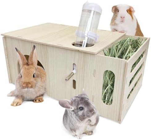 Hamiledyi Guinea Pig Hideout with Hay Feeder and Water Bottle Natural Wooden Chinchilla House Bunny Castle Small Animal Hideout for Rabbit Chinchilla Bunny and Guinea Pig