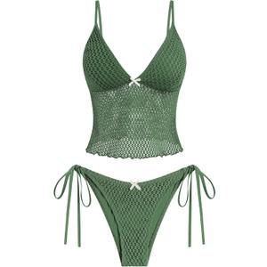 ZAFUL Tankini Swimsuits for Women Lace Jacquard Bowknot Decor Tummy Control High Cut Tanga Tankini Set (Medium, B-army Green)