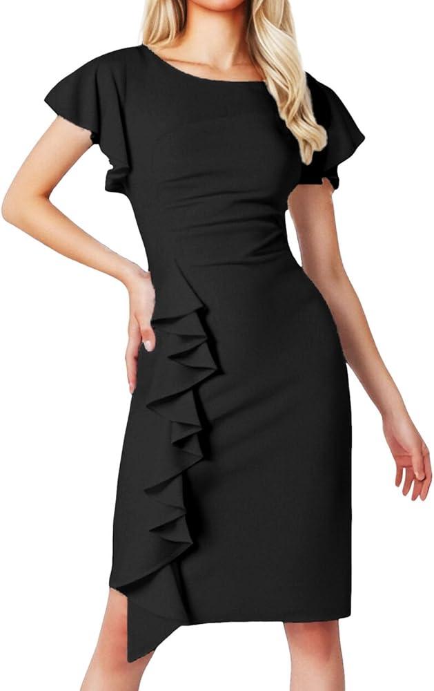Women's Vintage Church Ruffle Sleeve Ruched Bodycon Work Midi Pencil Dress
 M
