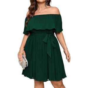 SCOMCHIC Women's Plus Size Cocktail Dress Off The Shoulder Flowy Pleated Wedding Guest Party Short Dress 3XL