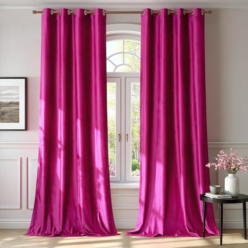 BULBUL Living Room Polyester Velvet Window Curtains 84 inch Length- 2 Panels Hot Pink Blackout Window Drapes Curtain Thermal Insulated Room Darkening Decor Grommet Curtains for Bedroom