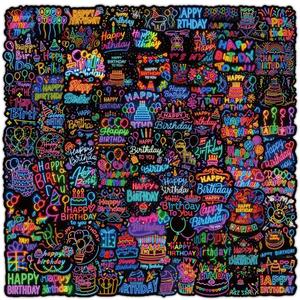 130pcs Neon Happy Birthday Stickers Vinyl Cartoon Birthday Stickers Waterproof Party Decals for Water Bottle Laptop Computer Phone Case Car Guitar Bumper Skateboard Gifts for Kids