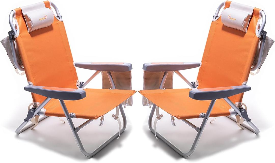 SUNNYFEEL Low Beach Chair 2 Pack 5 Position Lay Flat, Portable Folding Backpack Beach Chairs Heavy Duty with Cooler Bag, Cup Holder for Outdoor/Lawn/Picnic/Fishing, Foldable Camping Chair