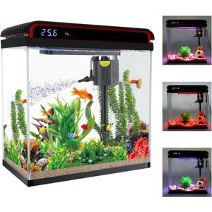 Betta Fish Tank, 5 Gallon Glass Aquarium, Small Fish Tank with Filter and 3 LED Plant Lights and Water Temperature Detection System, Betta Shrimp Guppy Jellyfish Starter kit self Cleaning Fish Tank (5 Gallon Fish Tank, Black)