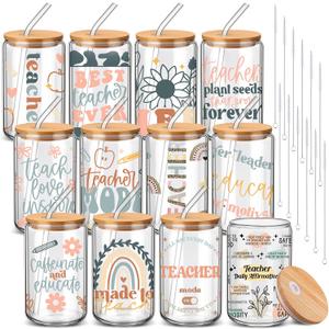 12 Sets Teacher Appreciate Gifts Bulk 2026 Teacher Glass Cups with Lids and Straws 16 oz Iced Coffee Cups Cute Glass Tumbler Thank You Graduation Gift for Women Employee Birthday Back to School