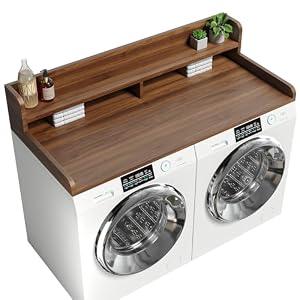 Corbyles 2-Tier Washer Dryer Countertop with 2.75" H Edge Rails, 58" W x 28" D Laundry Countertop for Folding Clothes, Washer and Dryer Topper with Non-Slip Pad (Dark Walnut)