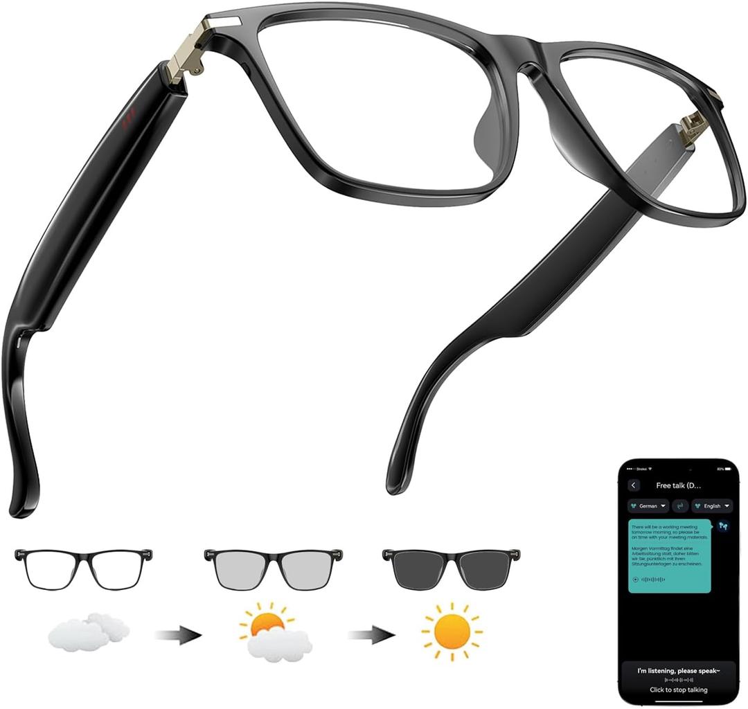 Ai Translation Smart Glasses with Chat GPT Bluetooth for Men Women with 140 Language Color-Change Lens Clear Headphone with Speaker Sunglasses,Travel Meeting Trade Business