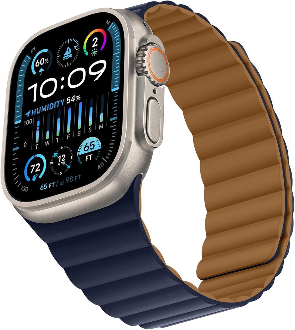 Compatible with Apple Watch Band 49 46 45 44 42 41 40 38mm Double Sided Wearable Silicone Magnetic Strap for iWatch Ultra SE Series 11 10 9 8 7 6 5 4 3 2 1 (42/44/45/46/49, Brown/Indigo)
