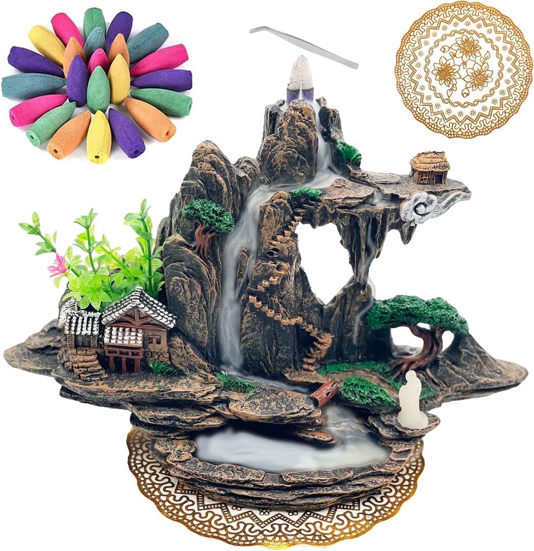 Mountain Waterfall Incense BurnerBackfall Incense Holder River, Incense Falls Meditation Decor for Room with Upgrade Incense Cones and Accessories (Mountain)