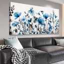 VEAEE Floral Wall Art, Abstract Indigo Flowers Canvas Pictures, Living Room Wall Decor, Modern Landscape Painting, Botanical Grass Artwork for Bedroom Bathroom Kitchen Office Wall Decor 20"x 40"