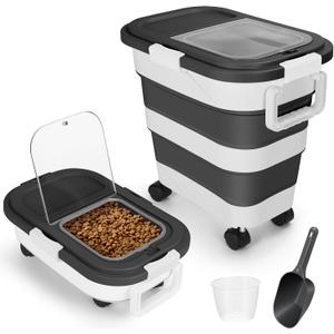 ShineMe Dog Food Storage Container, 30 Lbs Collapsible Food Storage Containers with Rolling Wheel Airtight Locking Lid, Cat Foods Bin with Cup and Scoop, Suitable for Pet Snack, Rice, Flour (Black)