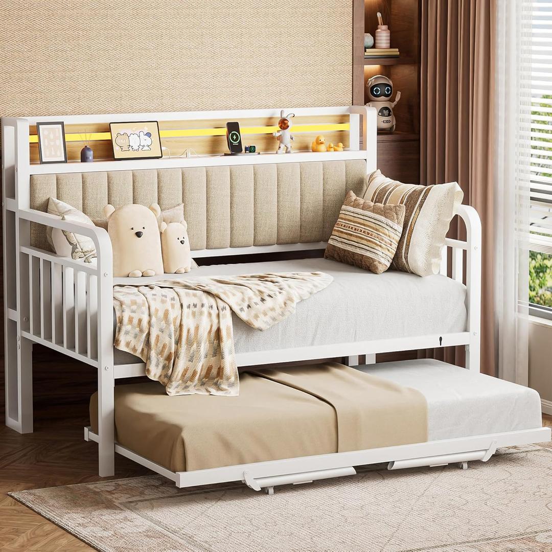 Daybed with Trundle and LED Light, Heavy Duty Metal Twin Bed Frame with Upholstered Storage Headboard & Charging Station, Day Bed Pop Up Trundle Bed Twin for Living Room,Bedroom and Guest Room, White