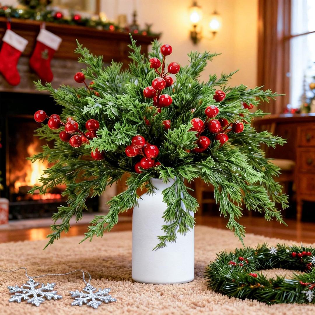 imluckies 50 Pcs Christmas Artificial Pine Branches with Red Berry Stems, Fake Pine Needles- Faux Evergreen Norfolk Pine Cypress Stems for DIY Craft, Wreaths, Garlands, Home Dcor (Vase Included)