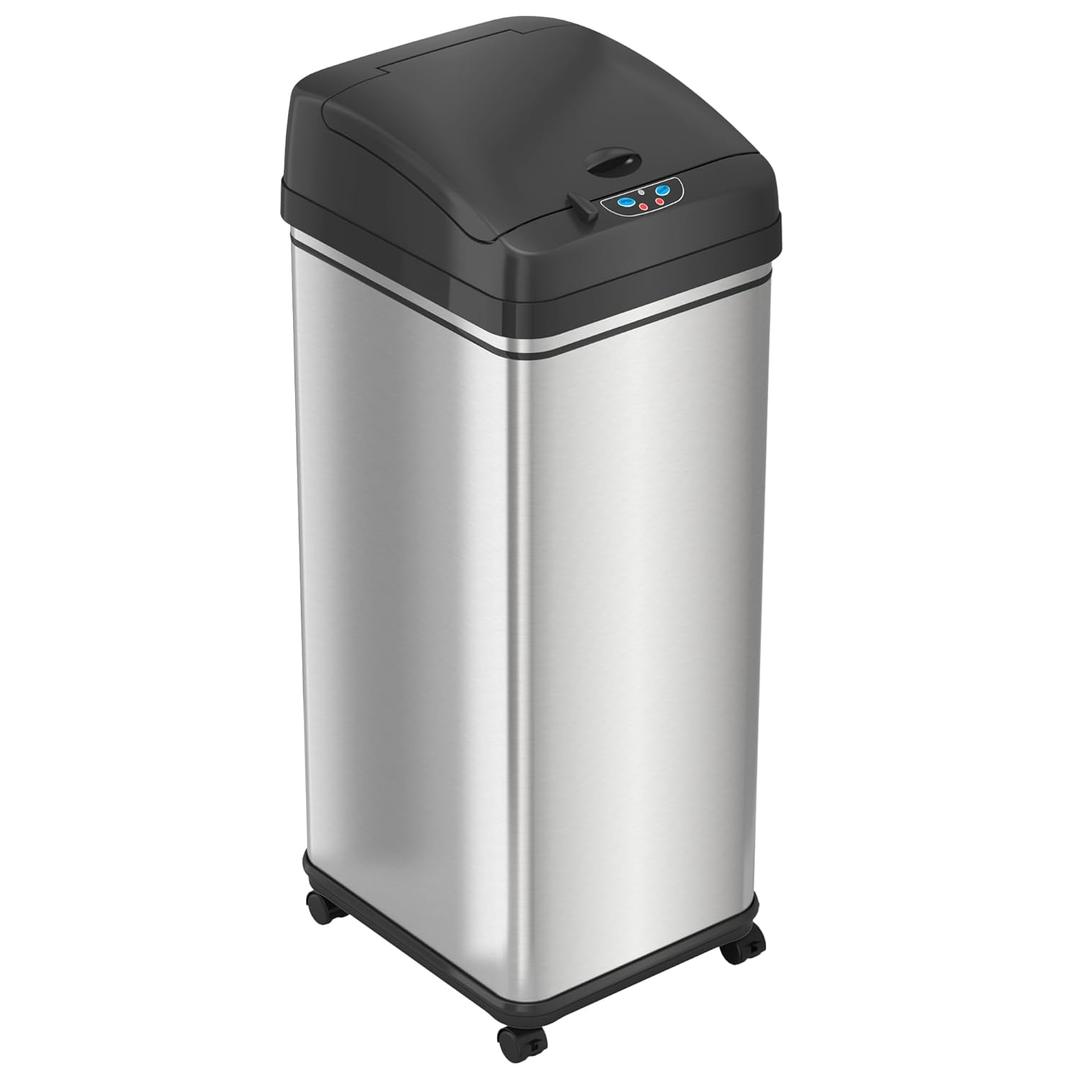 iTouchless Rolling 13 Gallon Sensor Kitchen Trash Can with Lid and Wheels Odor Filter Stainless Steel Automatic Kitchen Garbage Bin Trashcan for Home Office Bedroom Living Room Garage Wastebasket (Light Silver / Black)