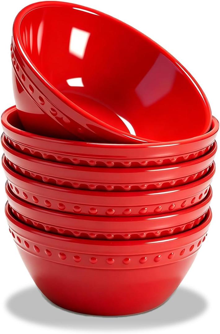 6in Red Beaded Melamine Plastic Cereal Bowl Set, Soup Bowls Set of 6, Dishwasher Safe, Break-Resistant, 24 oz Melamine Salad Bowls for Daily Use