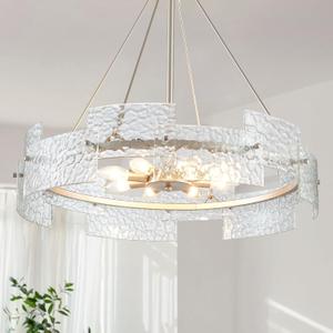 XINGQI Large 8-Light Modern Silver Glass Chandelier 26" Drum Light Fixture Round Water Ripple Pendant Lighting for Dining Room Living Room Kitchen Island Office
