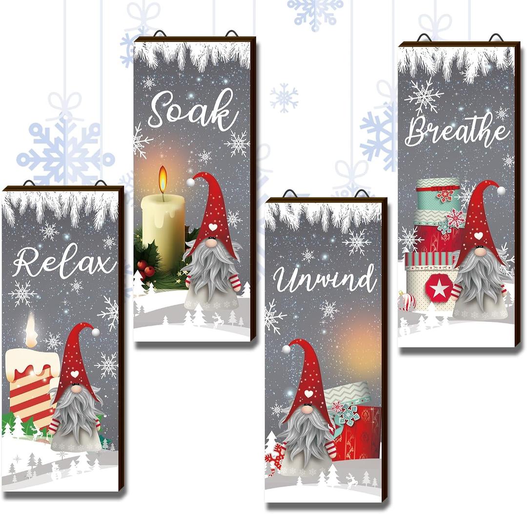 Soaoo 4 Pack Spring Gnomes Wooden Bathroom Ornaments Tulip Sunflower Wall Hanging Decor Butterfly Wood Cutouts Relax Soak Unwind Breathe Theme Pink Yellow Wood Sign for Home Party (Christmas Gnome)