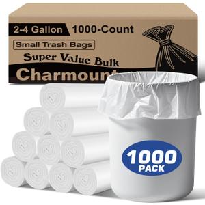 Charmount Small Trash Bags 2-4 Gallon 1000 Count, Unscented White Plastic Wastebasket Liners for Bathroom, Mini Garbage Can or Bin