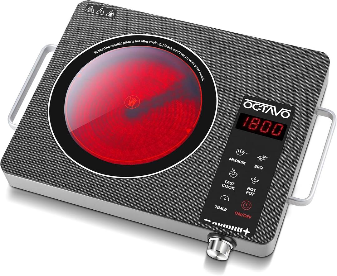 OCTAVO 1800 Watt Portable Infrared Burner, electric burner with 4 Hours Timer, Electric Hot Plate Touch Control Panel Adjustable Heating Power, Glass Cooktop for Cooking (Black+Silver)