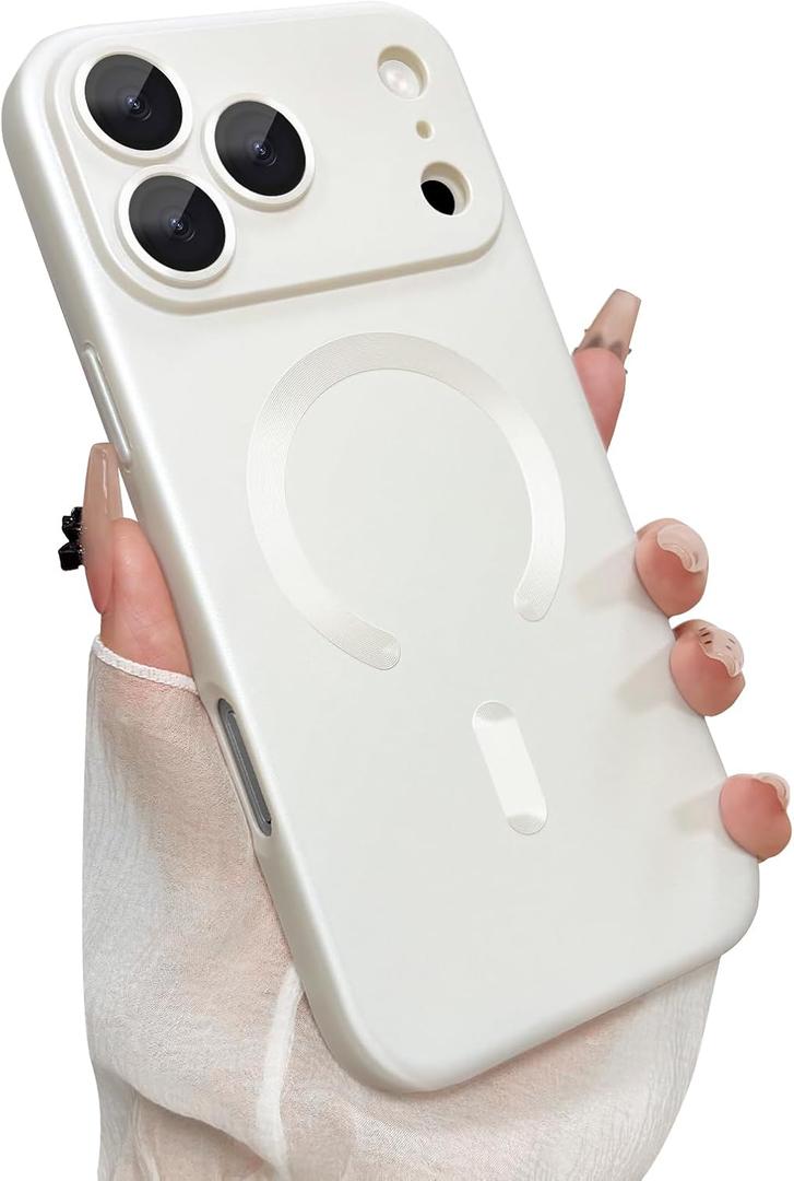 Magnetic for iPhone 17 Pro Max Case, with Camera Lens Protector, Compatible with Magnetic, Slim Shockproof Bumper Soft Silicone Metallic Luster Phone Case for iPhone 17 Pro Max, White