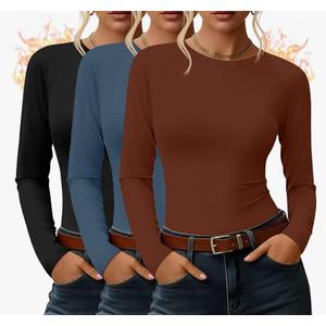 3 Pack Women's Thermal Shirts Fleece Lined Long Sleeve, Top Crew Neck Raglan, Thermal Winter Base Layer Undershirts, Size L