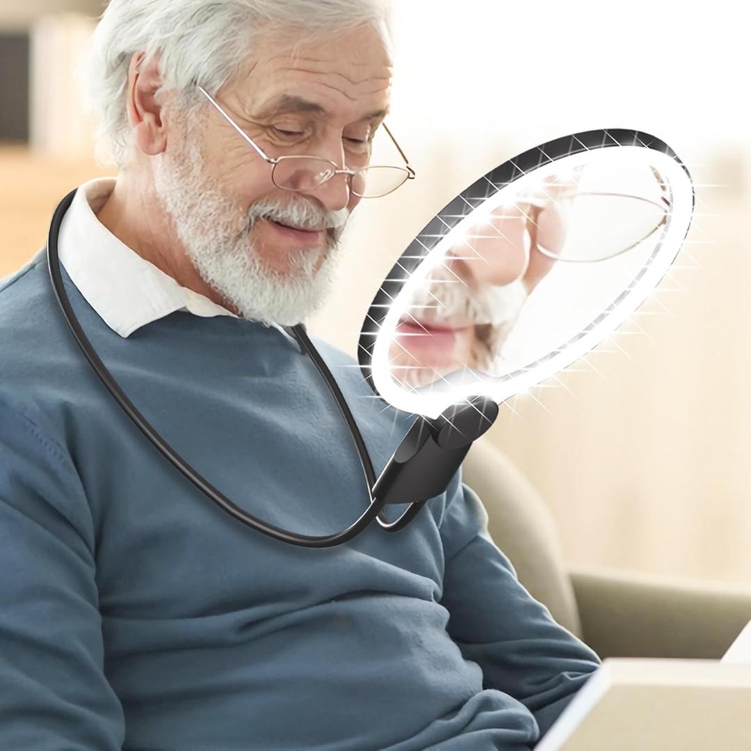 Hands Free Magnifying Glass with Light for Reading, 10X Neck Magnifying Glass with Light for Close Work with Real Glass Lens, Flexible Gooseneck Large Magnifier for Low Vision Elderly, Seniors