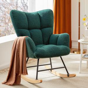 Sweetcrispy Rocking Chair, Teddy Upholstered Glider Rocker with High Backrest, Reading Chair Modern Rocking Accent Chairs Glider Chair for Living Room, Bedroom, Forest Green