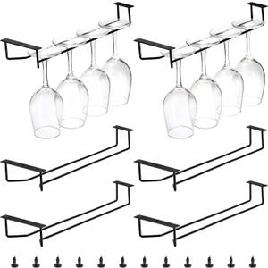 Dicunoy 6 Pack Black Wine Glass Rack, 14 Inch Under Cabinet Stemware Holder, Wall Mounted Iron Wine Glass Hanging Rack for Shelf, Kitchen, Bar, Wine Cellar Storage, Organizer, Display