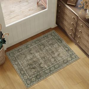 Light Brown Entryway Area Rug 2x3 Vintage Indoor Kitchen Washable Door Mat Living Room Carpet Tribal Distressed Retro Accent Throw Rug for Office Dining Room Bathroom Faux Wool