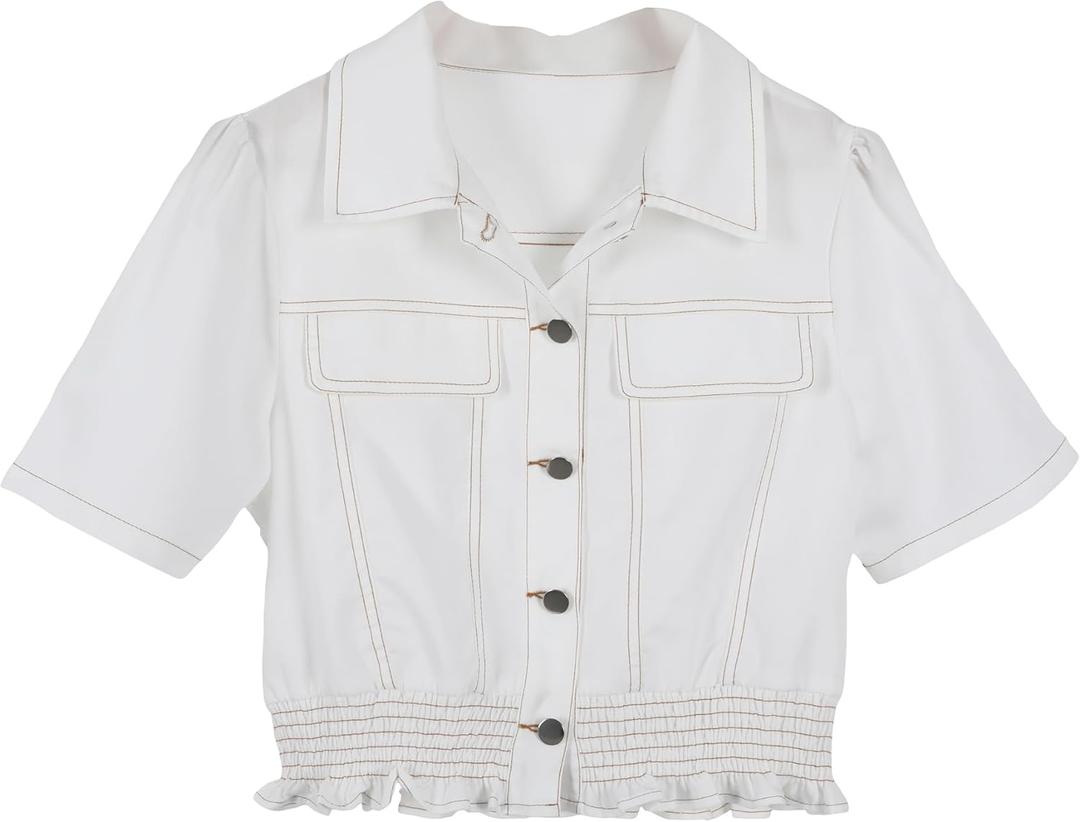 Omoone Women's Short Sleeve Denim Shirt Peplum Ruffle Hem Denim Crop Top Jackets Cowgirl Outfits (White, M)