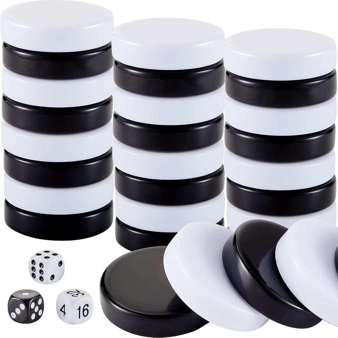 Skylety 30 Pcs Backgammon Pieces Checkers, 1.25 Inch Replacement Checkers Board Game Playing Game Chips with 5 Dice(Black and White)