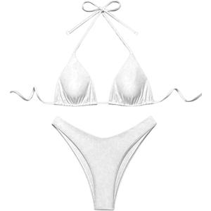 GORGLITTER Women's High Waisted Thong Bikini Set Halter Triangle Tie Back Swimsuit Bathing Suit (White, M)