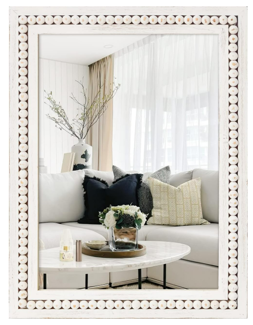 H HOMEWINS Rustic Rectangle Mirror,22x30 Wooden Farmhouse Mirrors, Boho Bathroom Wall-Mounted White Beads Decor Mirror for Bedroom, Living Room, Vanity, Entryway, Over Sink