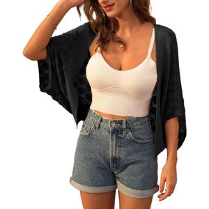 GRACE KARIN Summer Cropped Cardigan for Women 2026 Batwing Sleeve Crochet Bolero Shrug Sweaters Lightweight Beach Boho Kimono (Black, L)