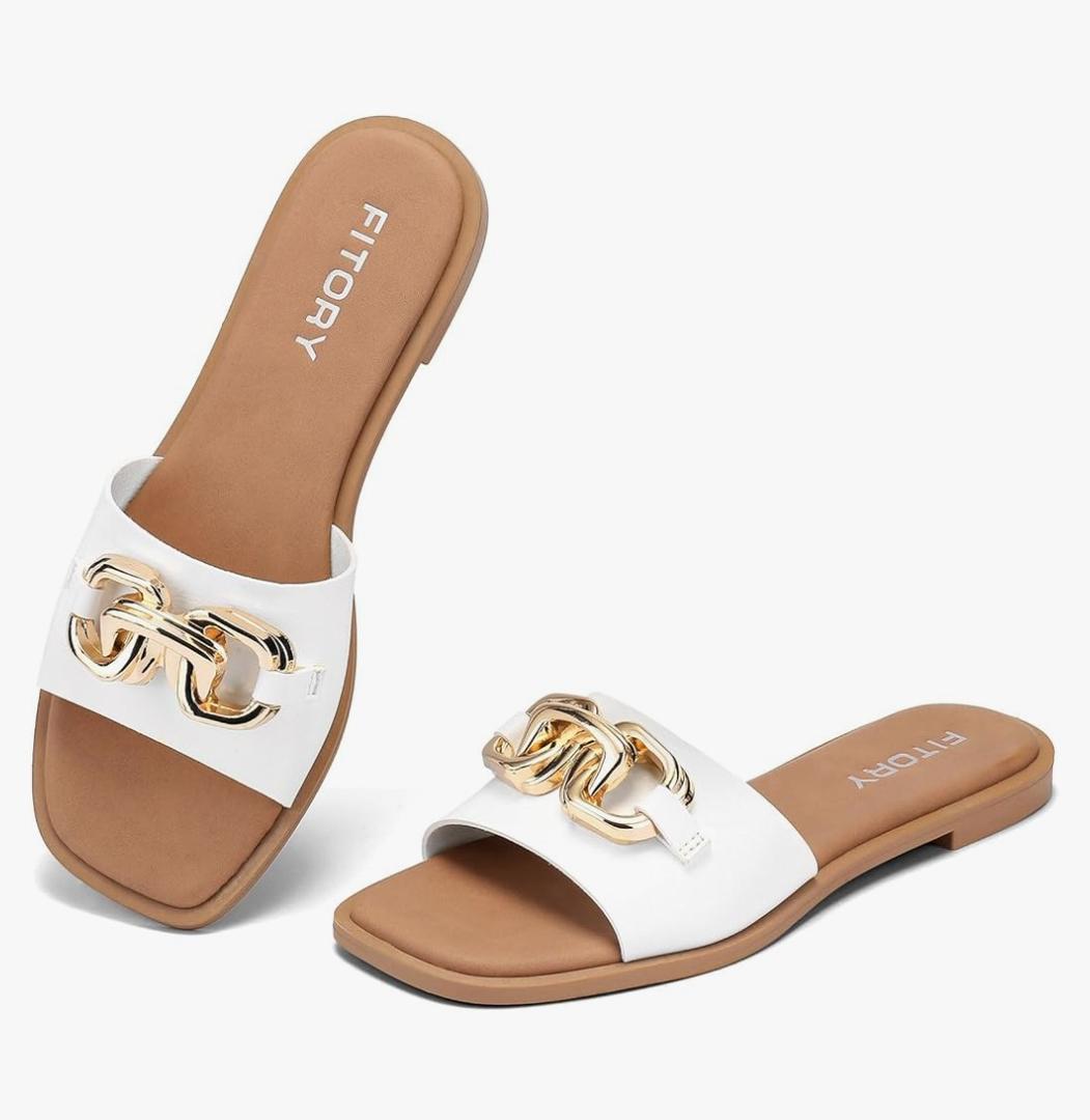 FITORY Women's Flat Sandals Fashion Slides With Soft Leather Slippers for Summer, Size 8