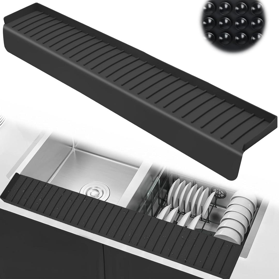 Kitchen Sink Splash Guard, 4" x 30" Sink Edge Protector with Suction Cups, Silicone Sink Mat for Kitchen, Bathroom Sink, Steel, Granite, Quartz Countertops, Multifuctional Sink Accessories (Black)