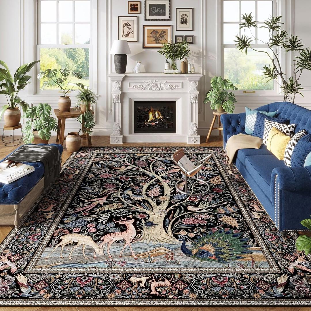 Rugcomf Area Rugs 9x12 Living Room Vibrant Tree of Life-Patterned Vintage Washable Rug Non Slip Low Pile Large Rug for Bedroom Farmhouse Dining Room Kids Playroom, Black