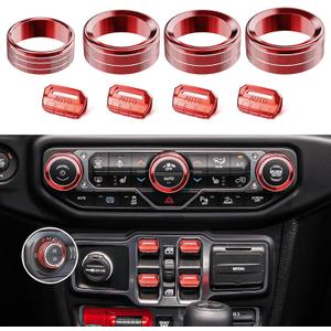 8PCS Metal Button Knob Cover for Jeep Wrangler JL JLU 2018-2025 & Gladiator JT Accessories Window Switch Button Cover Volume Radio Air Conditioner Headlight Switch Knob Cover (Red)