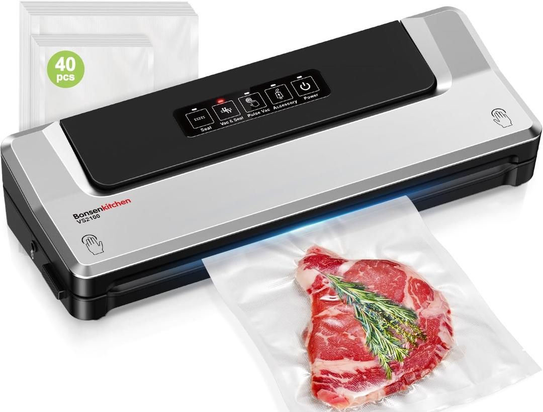 [Updated 2025] Bonsenkitchen Vacuum Sealer Machine + 40 Vacuum Bags, Fast-Compact/Multi-Functional Food Vacuum Sealer with External Vacuum System, Silver (Machine + 40 Bags)